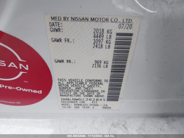 1N4BL4BW0LC262845 Nissan Altima S Intelligent Awd