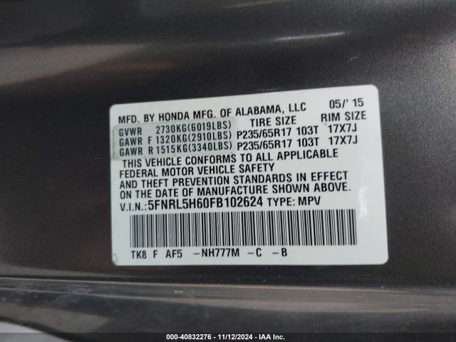 Honda Odyssey Ex-l 2015 5FNRL5H60FB102624 Image 9