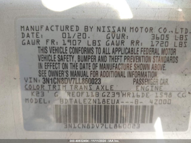 Nissan VERSA S 2020 3N1CN8DV7LL860023 Image 9