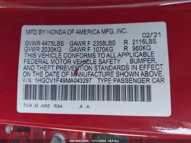 1HGCV1F49MA043297 Honda Accord Sport Special Edition