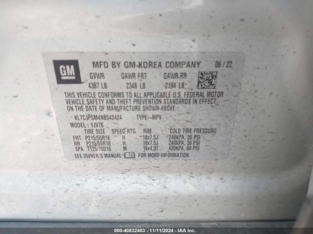 KL7CJPSM4NB542424 Chevrolet Trax Awd Lt