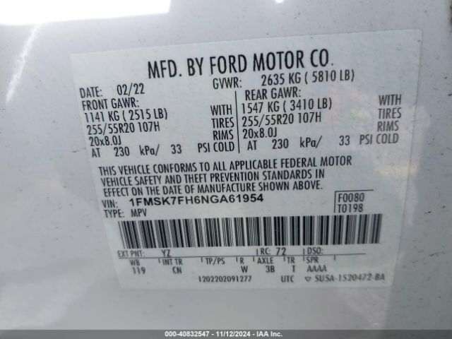 1FMSK7FH6NGA61954 Ford Explorer Limited