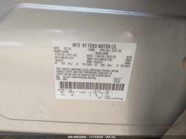 2LMTJ6KR5GBL59782 Lincoln Mkx Select