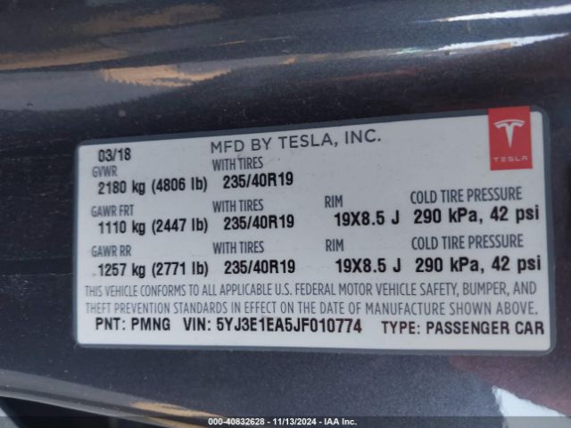 5YJ3E1EA5JF010774 Tesla Model 3 Long Range/mid Range