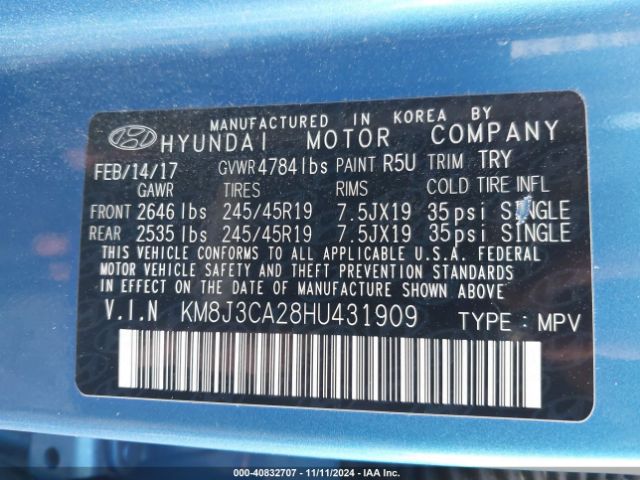 KM8J3CA28HU431909 Hyundai Tucson Limited