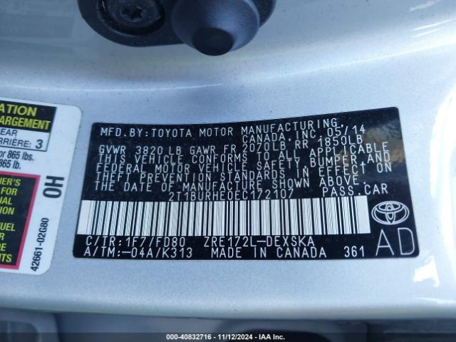 2T1BURHE0EC172107 Toyota Corolla S Plus