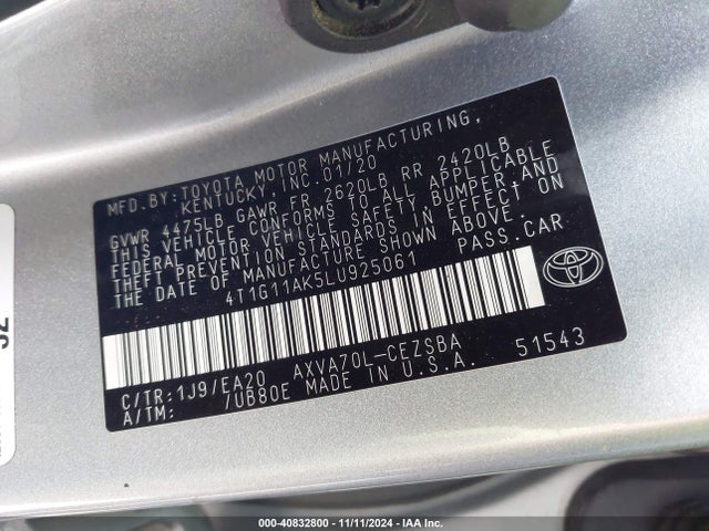 Toyota CAMRY SE 2020 4T1G11AK5LU925061 Image 9