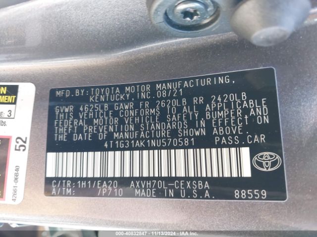 4T1G31AK1NU570581 Toyota Camry Se Hybrid