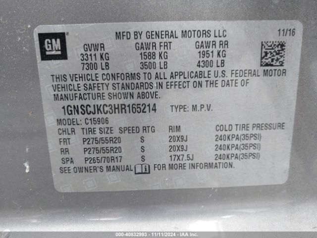 1GNSCJKC3HR165214 Chevrolet Suburban Premier