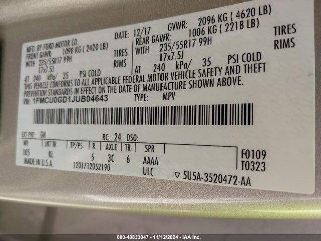 Ford ESCAPE SE 2018 1FMCU0GD1JUB04643 Image 9