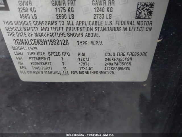 Chevrolet EQUINOX LT 2017 2GNALCEK5H1560126 Image 9