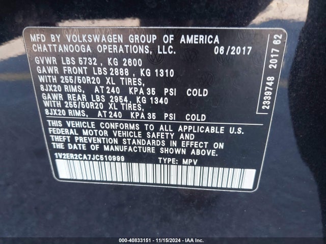 1V2ER2CA7JC510999 Volkswagen Atlas 3.6l V6 Sel