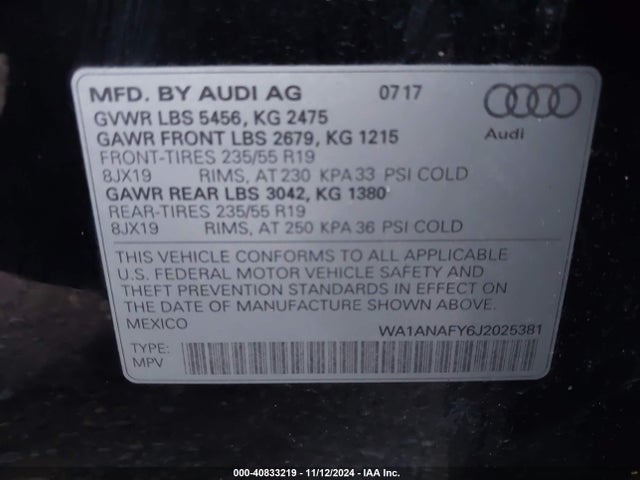 WA1ANAFY6J2025381 Audi Q5 2.0t Premium/2.0t Tech Premium