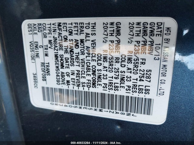 Nissan Murano Le 2014 JN8AZ1MW5EW504390 Image 9