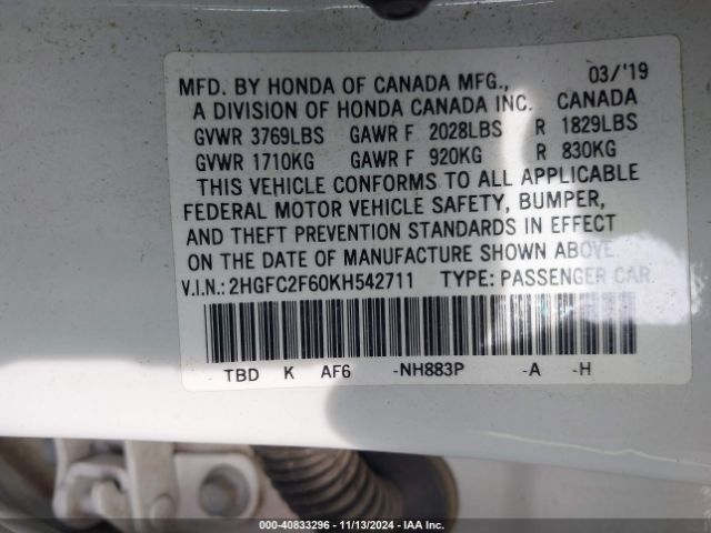 2HGFC2F60KH542711 Honda Civic Lx
