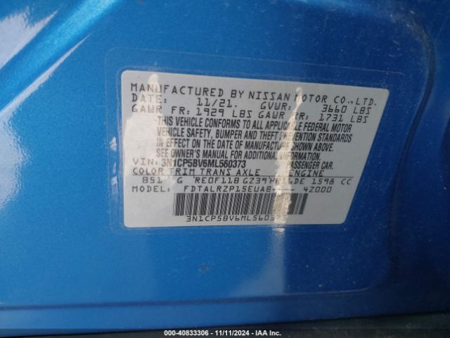 3N1CP5BV6ML560373 Nissan Kicks S Xtronic Cvt