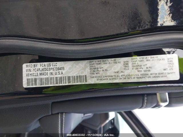 1C4RJKDG8P8739409 Jeep Grand Cherokee L Overland 4x4