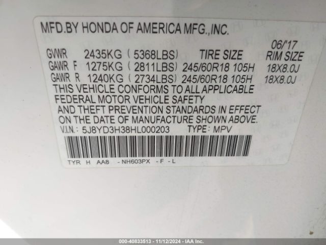5J8YD3H38HL000203 Acura MDX