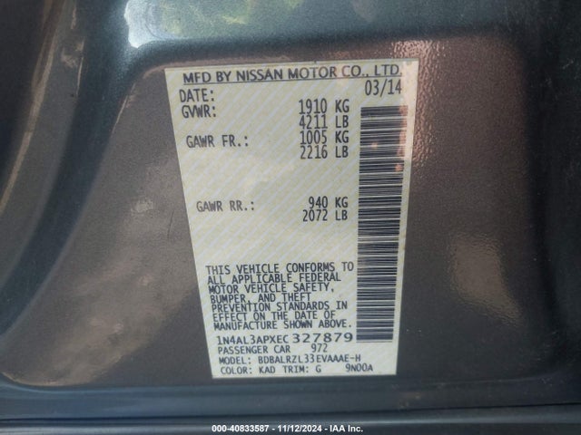 2014 Nissan Altima 2.5 S მანქანა იყიდება აუქციონზე, vin: 1N4AL3APXEC327879, აუქციონის ნომერი: 40833587