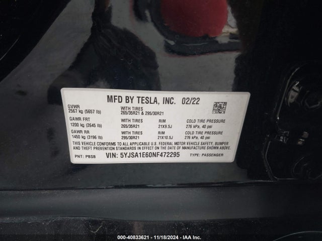 2022 TESLA MODEL S 5YJSA1E60NF472295 Photo 8