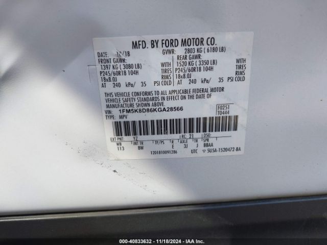 1FM5K8D86KGA28566 Ford EXPLORER XLT