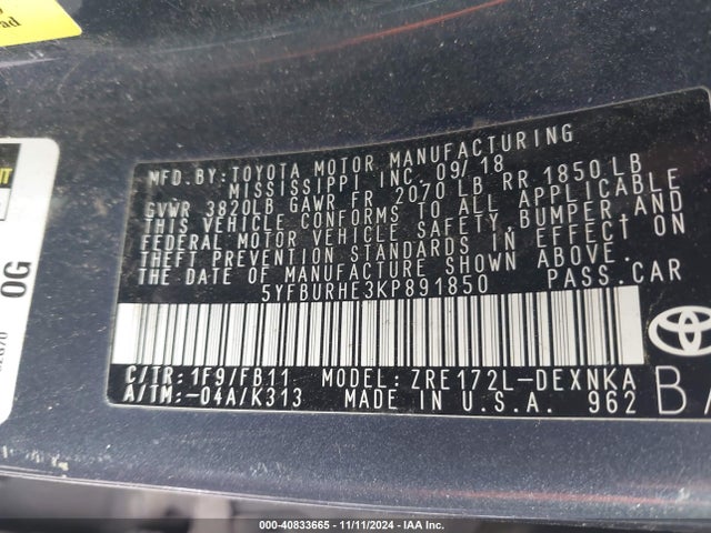 Toyota COROLLA LE 2019 5YFBURHE3KP891850 Image 9