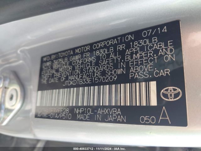 JTDKDTB33E1570209 Toyota Prius C Two