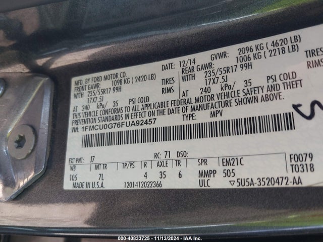 Ford ESCAPE SE 2015 1FMCU0G76FUA92457 Image 9
