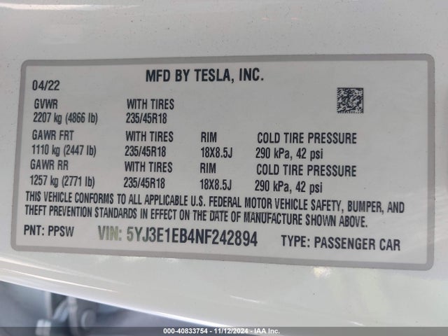 2022 TESLA MODEL 3 5YJ3E1EB4NF242894 Photo 8