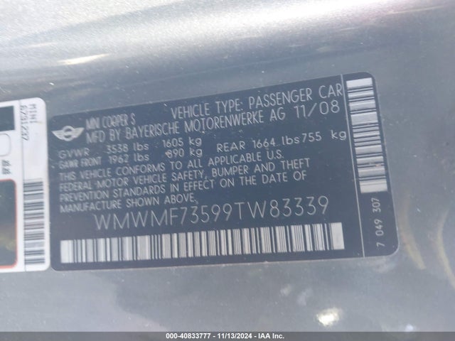 2009 MINI COOPER S WMWMF73599TW83339 Photo 8