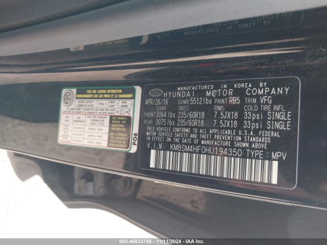 KM8SM4HF0HU194350 Hyundai Santa Fe Se