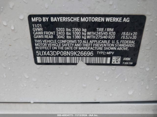 5UX43DP08N9K26696 BMW X3 Sdrive30i