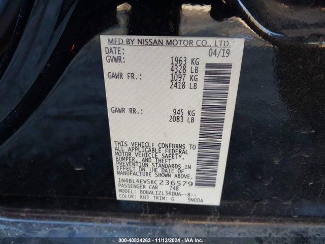 Продажа на аукционе авто 2019 Nissan Altima 2.5 Sl, vin: 1N4BL4EV5KC236579, номер лота: 40834263