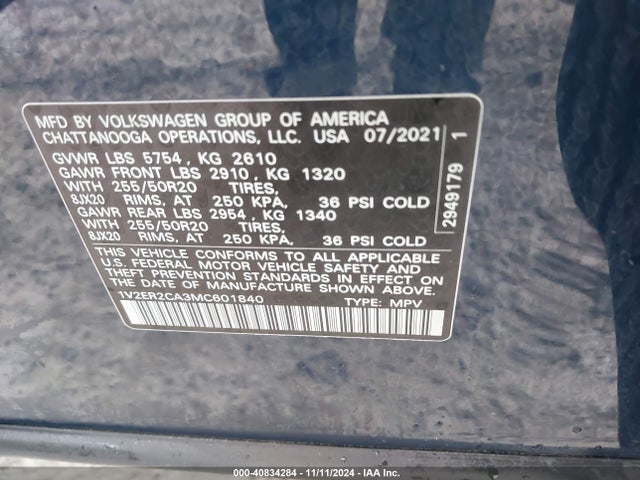 1V2ER2CA3MC601840 Volkswagen Atlas 3.6l V6 Sel