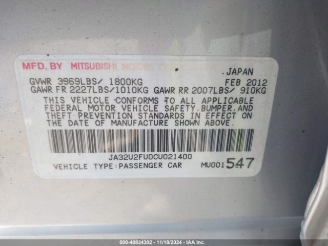 2012 MITSUBISHI LANCER JA32U2FU0CU021400 Photo 8