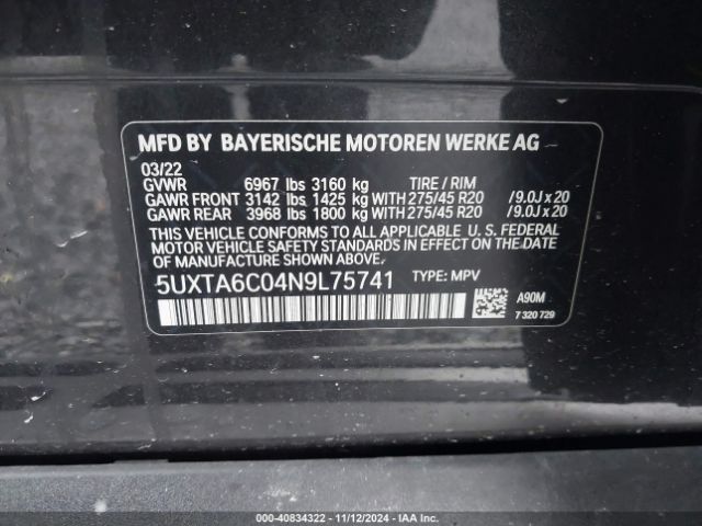 5UXTA6C04N9L75741 BMW X5 Phev Xdrive45e