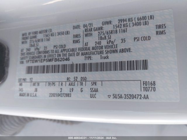 1FTEW1EP5MFB62046 Ford F-150 Xl
