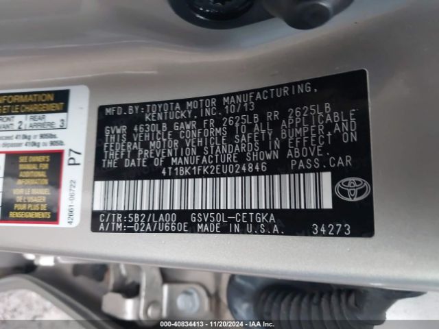 4T1BK1FK2EU024846 Toyota Camry Xle V6
