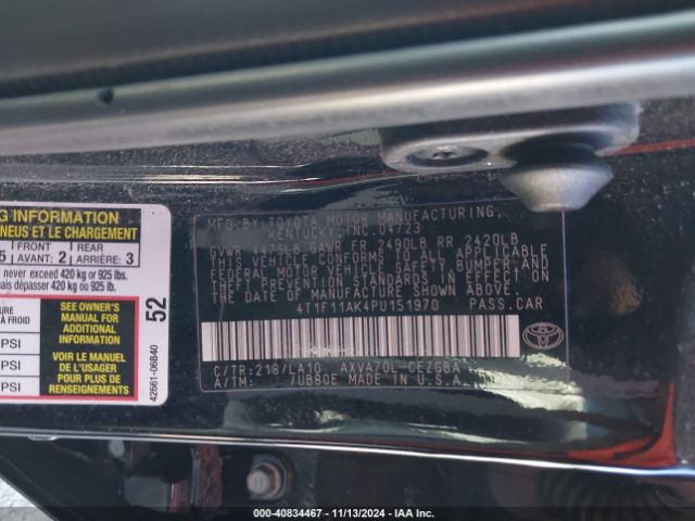 4T1F11AK4PU151970 Toyota CAMRY XLE