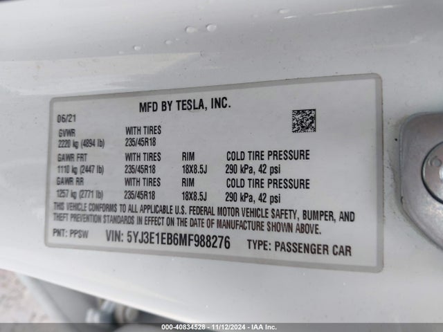 40834528 :رقم المزاد ، 5YJ3E1EB6MF988276 vin ، 2021 Tesla Model 3 Long Range Dual Motor All-wheel Drive مزاد بيع