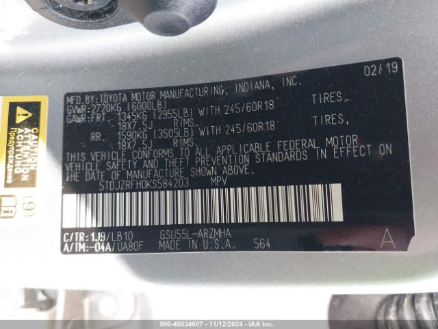 5TDJZRFH0KS584203 Toyota Highlander Xle