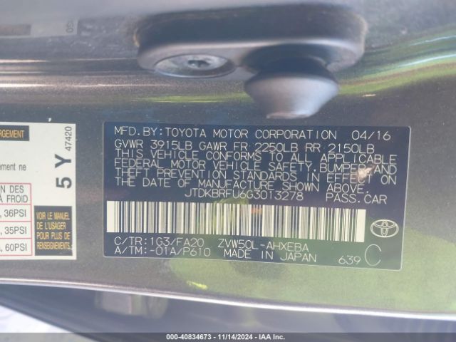 JTDKBRFU6G3013278 Toyota Prius Two