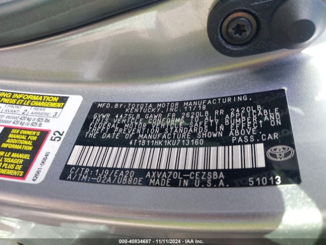 4T1B11HK1KU713160 Toyota CAMRY SE