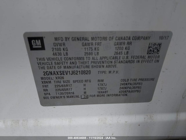 2GNAXSEV1J6210820 Chevrolet EQUINOX LT