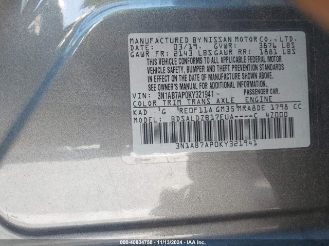 Nissan SENTRA SV 2019 3N1AB7AP0KY321941 Image 9