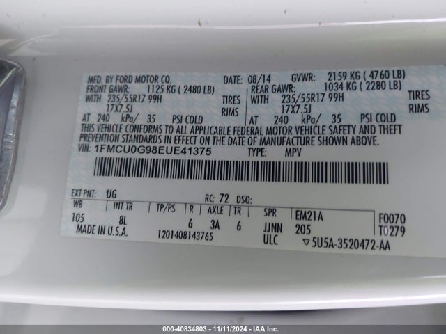 Ford ESCAPE SE 2014 1FMCU0G98EUE41375 Image 9