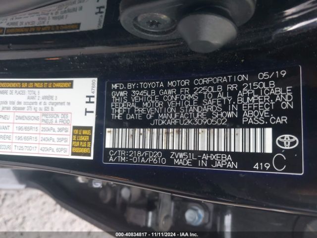 JTDKARFU2K3090502 Toyota Prius Le
