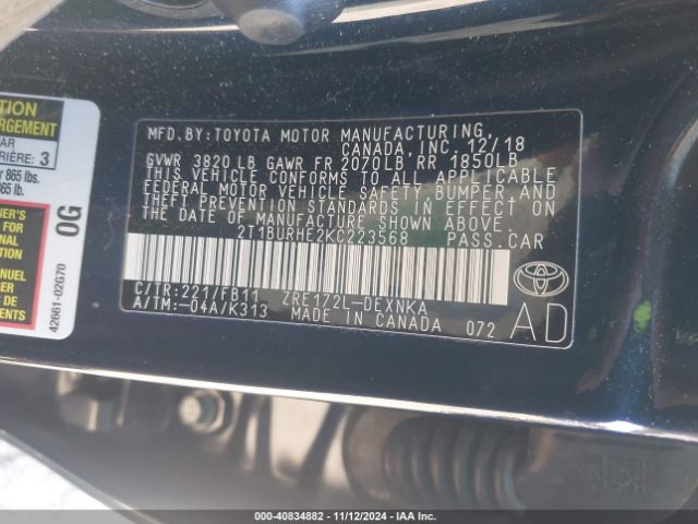 2T1BURHE2KC223568 Toyota COROLLA LE