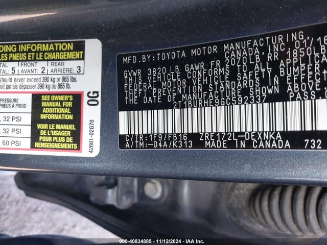 2T1BURHE9GC592337 Toyota COROLLA LE