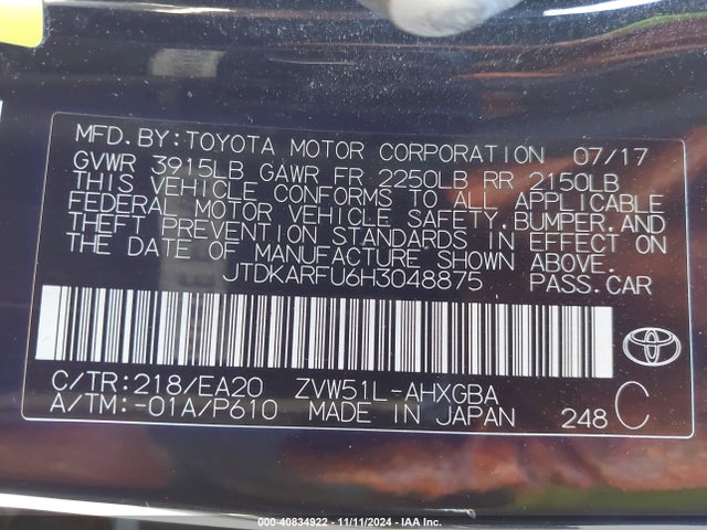 JTDKARFU6H3048875 Toyota Prius